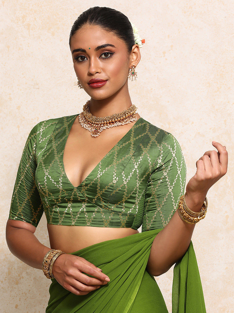 Rubani x Tyohaar Saree Blouse, in Green Viscose Silk Brocade, featuring elbow sleeves and v-neckline (view 8).