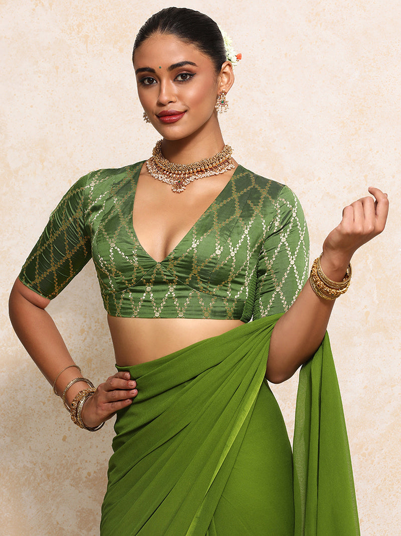 Rubani x Tyohaar | Elbow Sleeves Saree Blouse in Deep Olive Vine Mesh Brocade-Binks