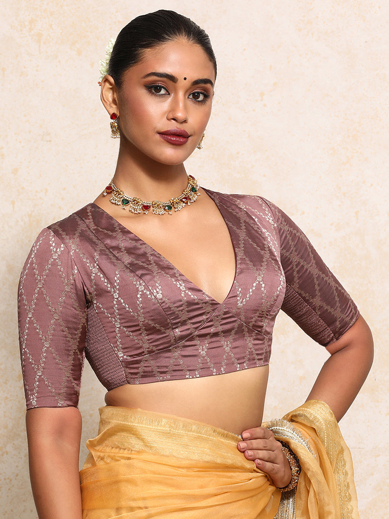 Rubani x Tyohaar | Elbow Sleeves Saree Blouse in Dusky Mauve Vine Mesh Brocade-Binks