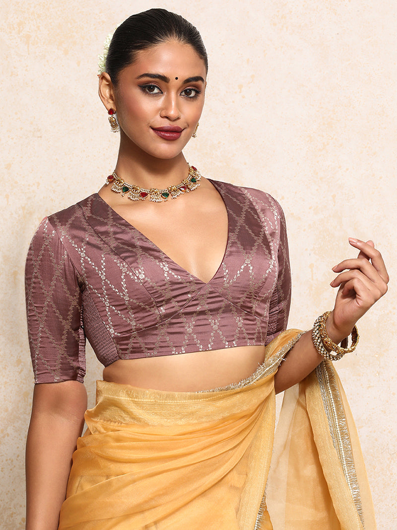 Rubani x Tyohaar | Elbow Sleeves Saree Blouse in Dusky Mauve Vine Mesh Brocade-Binks