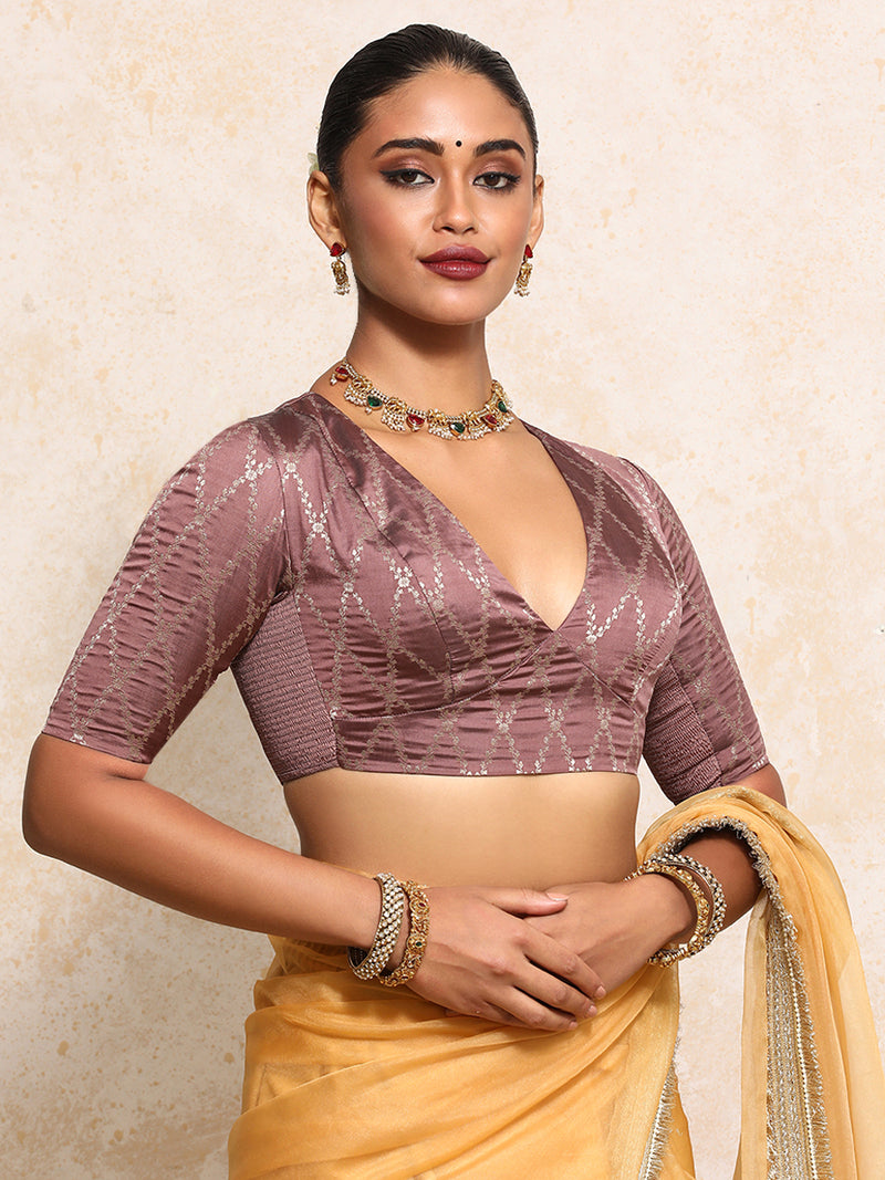 Rubani x Tyohaar | Elbow Sleeves Saree Blouse in Dusky Mauve Vine Mesh Brocade-Binks