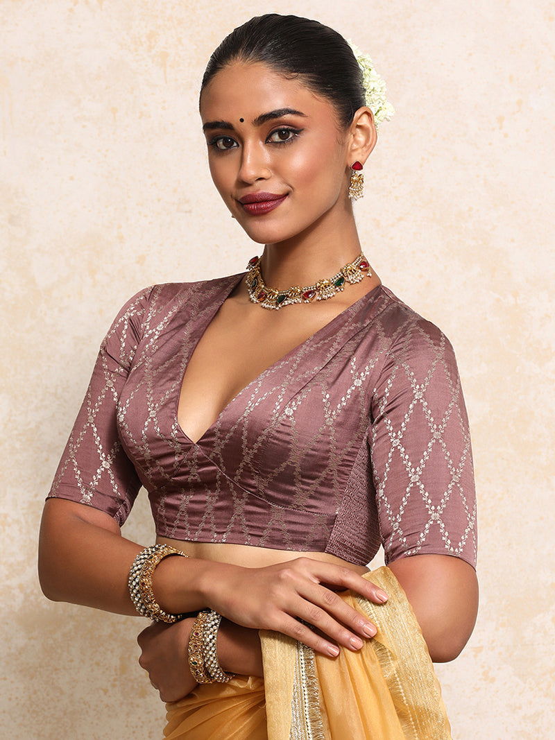 Rubani x Tyohaar | Elbow Sleeves Saree Blouse in Dusky Mauve Vine Mesh Brocade-Binks