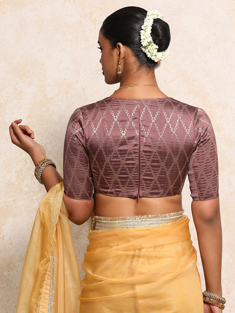 Rubani x Tyohaar Saree Blouse, in Pink Viscose Silk Brocade, featuring elbow sleeves and v-neckline (view 2).