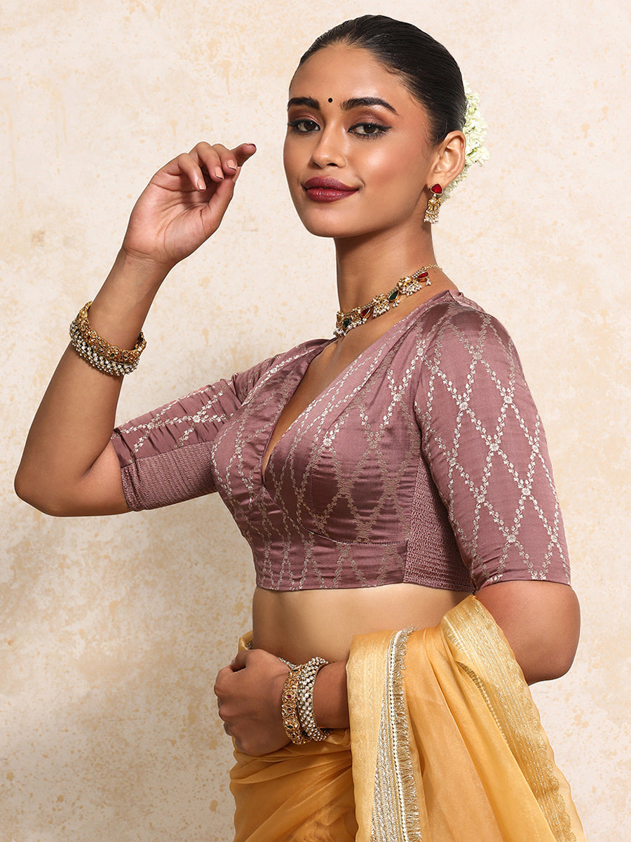 Rubani x Tyohaar Saree Blouse, in Pink Viscose Silk Brocade, featuring elbow sleeves and v-neckline (view 5).
