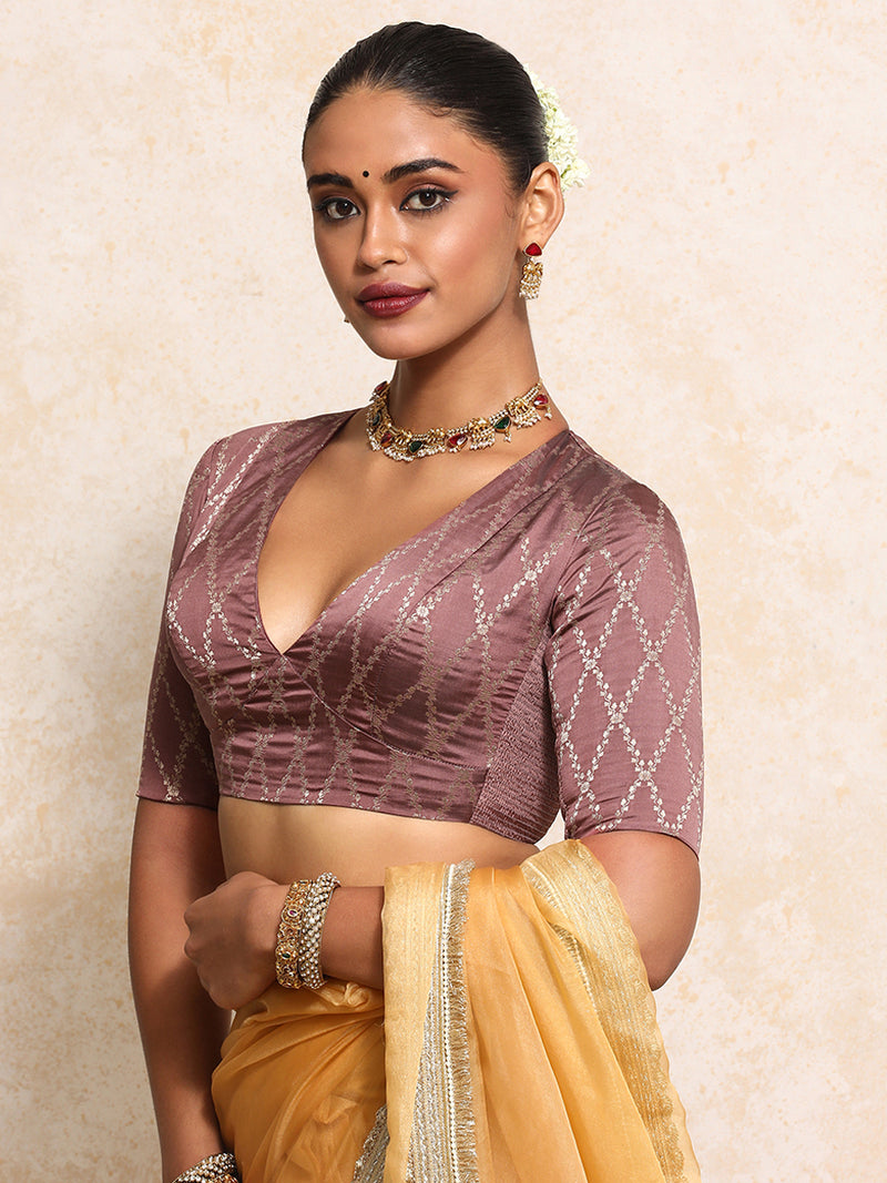 Rubani x Tyohaar | Elbow Sleeves Saree Blouse in Dusky Mauve Vine Mesh Brocade-Binks