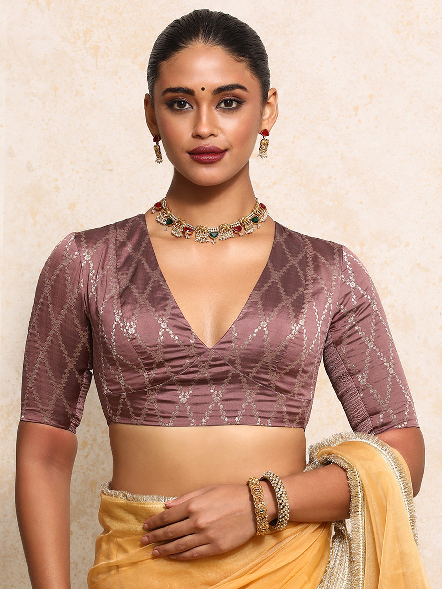 Rubani x Tyohaar Saree Blouse, in Pink Viscose Silk Brocade, featuring elbow sleeves and v-neckline (view 7).