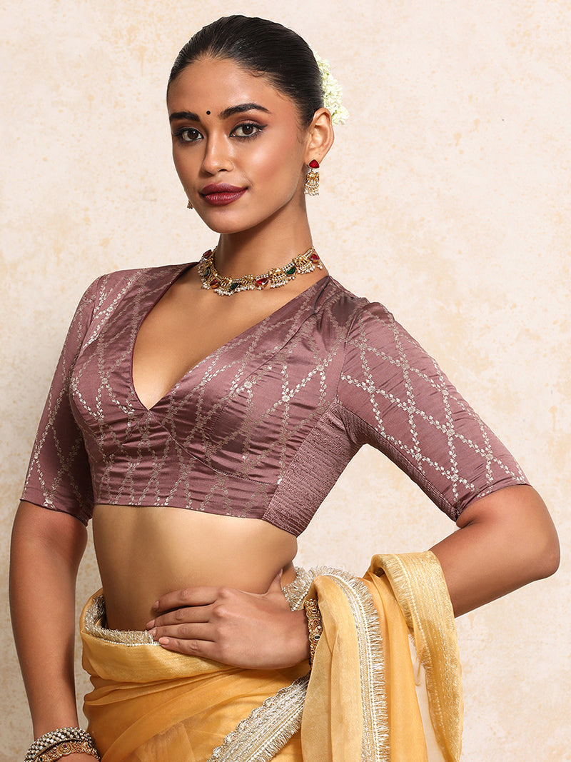 Rubani x Tyohaar | Elbow Sleeves Saree Blouse in Dusky Mauve Vine Mesh Brocade-Binks