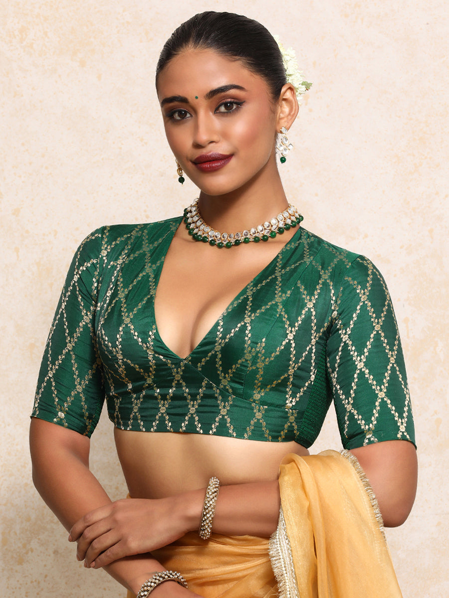 Rubani x Tyohaar Saree Blouse, in Green Viscose Silk Brocade, featuring elbow sleeves and v-neckline.