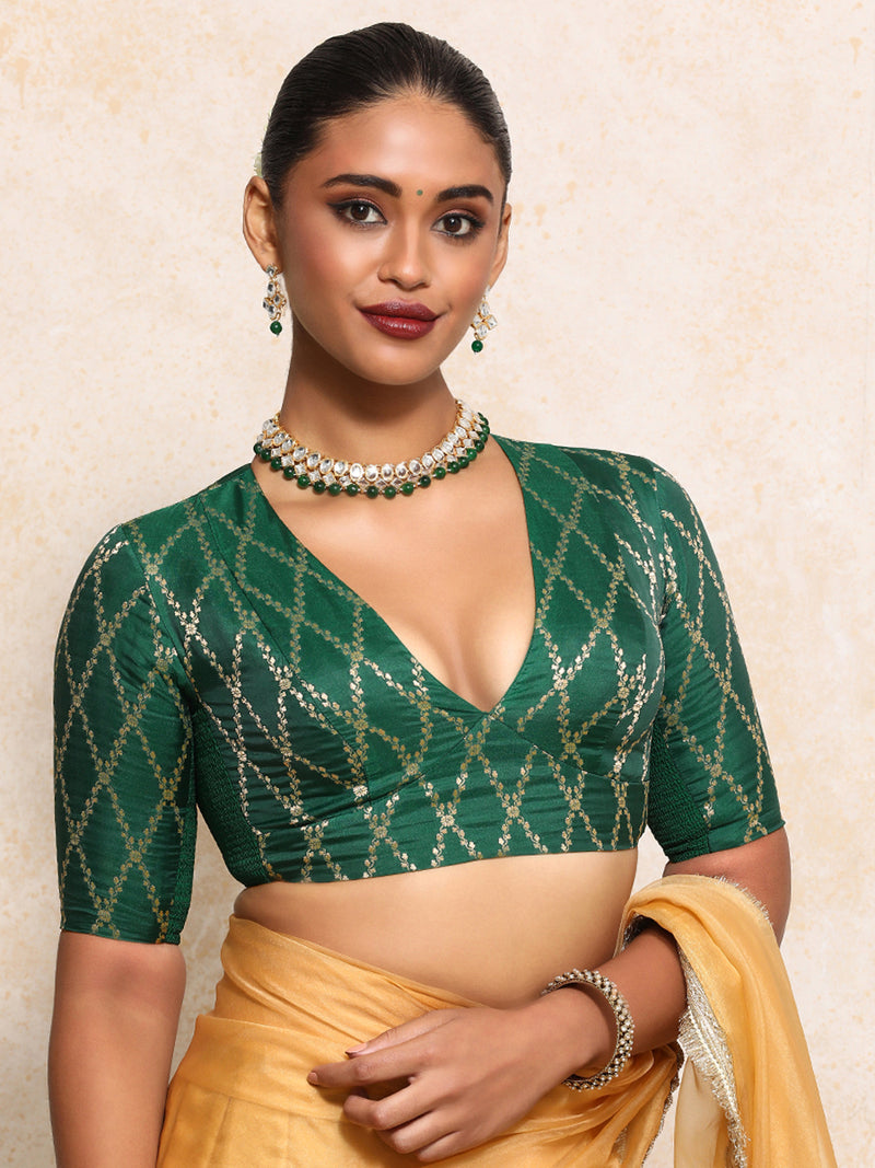 Rubani x Tyohaar | Elbow Sleeves Saree Blouse in Emerald Green Vine Mesh Brocade-Binks