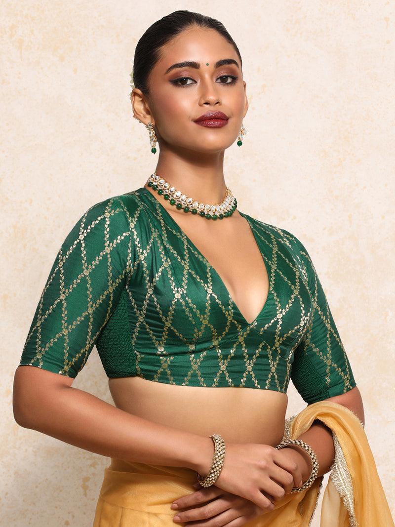 Rubani x Tyohaar | Elbow Sleeves Saree Blouse in Emerald Green Vine Mesh Brocade-Binks