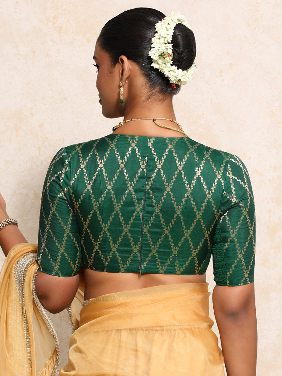Rubani x Tyohaar Saree Blouse, in Green Viscose Silk Brocade, featuring elbow sleeves and v-neckline (view 2).