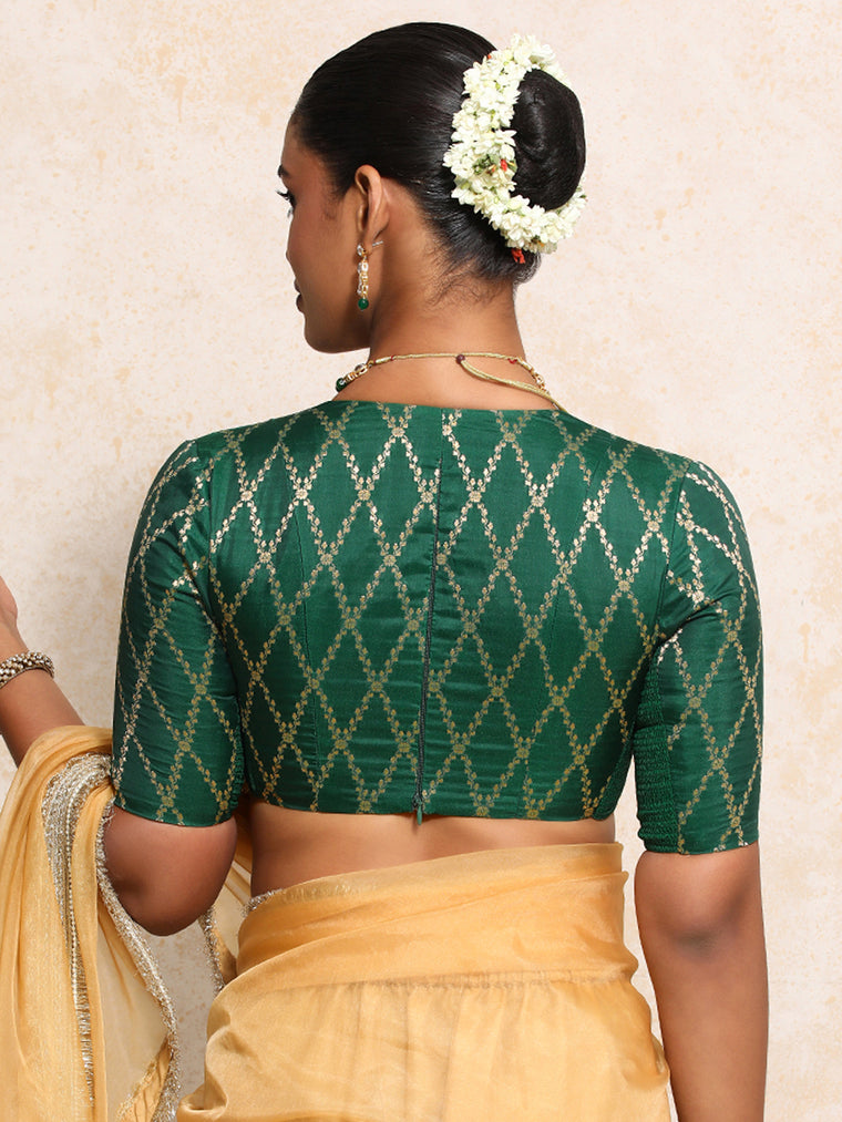 Rubani x Tyohaar Saree Blouse, in Green Viscose Silk Brocade, featuring elbow sleeves and v-neckline (view 2).
