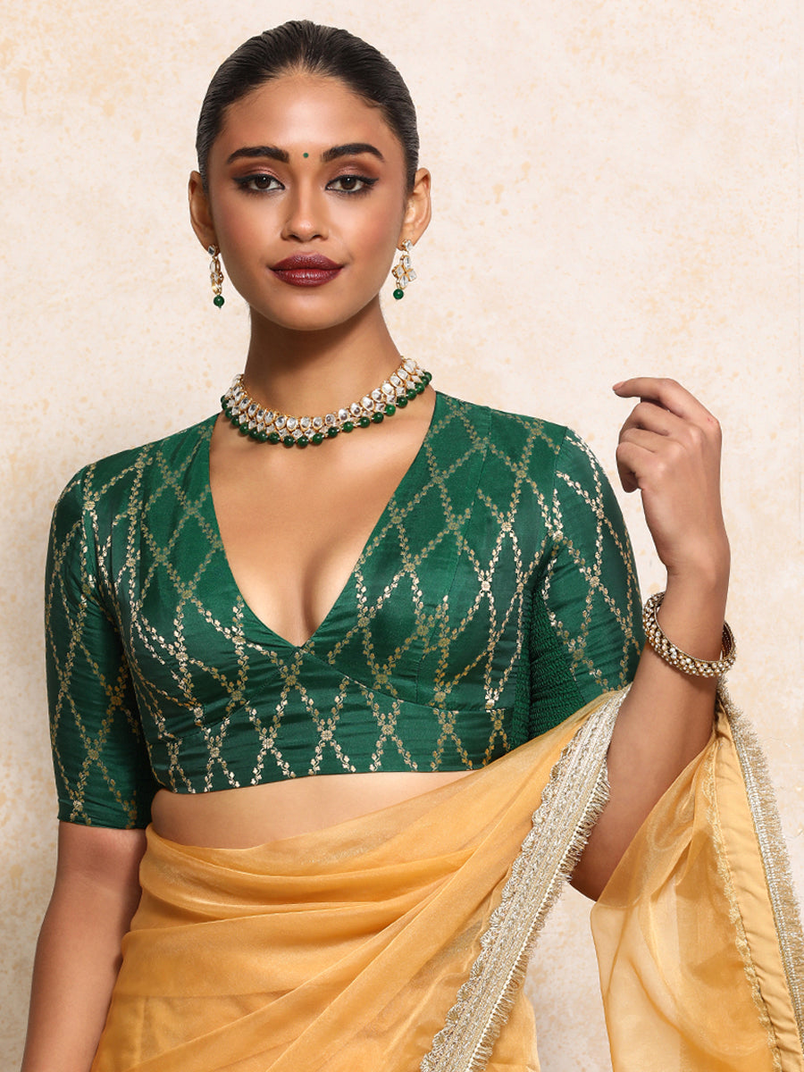 Rubani x Tyohaar Saree Blouse, in Green Viscose Silk Brocade, featuring elbow sleeves and v-neckline (view 5).