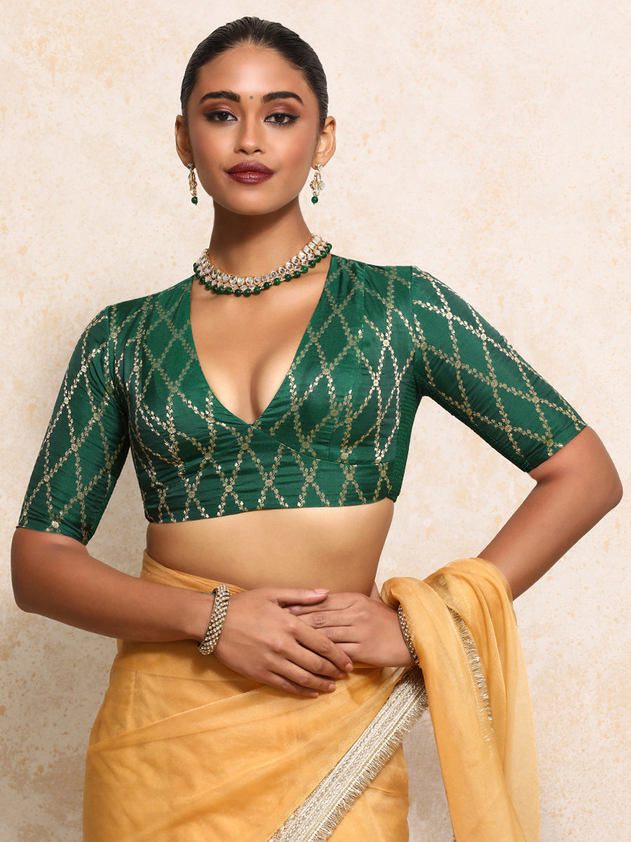 Rubani x Tyohaar Saree Blouse, in Green Viscose Silk Brocade, featuring elbow sleeves and v-neckline (view 6).