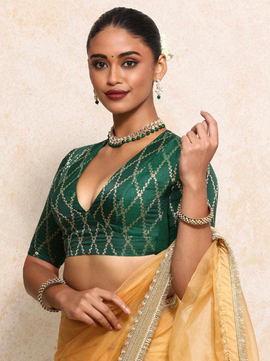 Rubani x Tyohaar Saree Blouse, in Green Viscose Silk Brocade, featuring elbow sleeves and v-neckline (view 7).