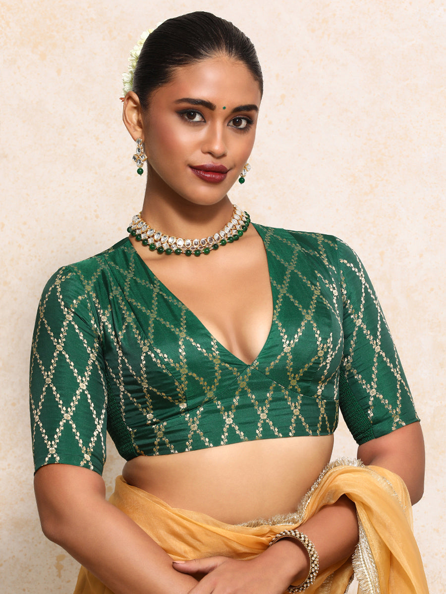 Elbow Sleeves Saree Blouse in Emerald Green Vine Mesh Art Silk – Binks