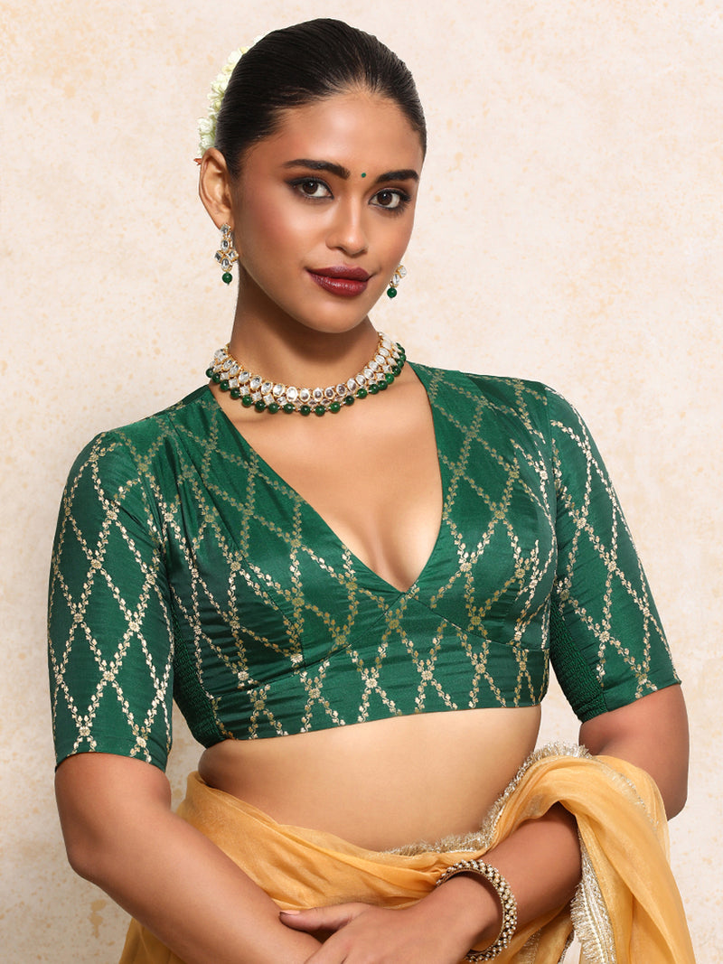 Rubani x Tyohaar | Elbow Sleeves Saree Blouse in Emerald Green Vine Mesh Brocade-Binks