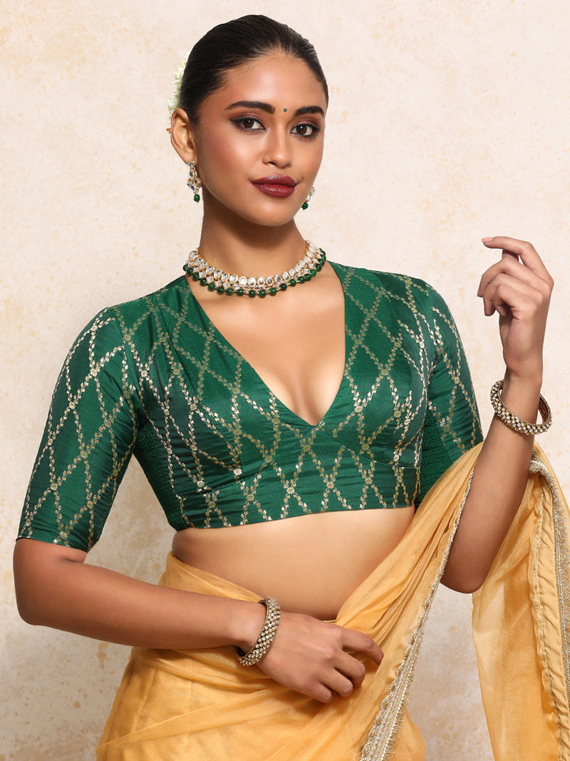 Rubani x Tyohaar | Elbow Sleeves Saree Blouse in Emerald Green Vine Mesh Brocade-Binks