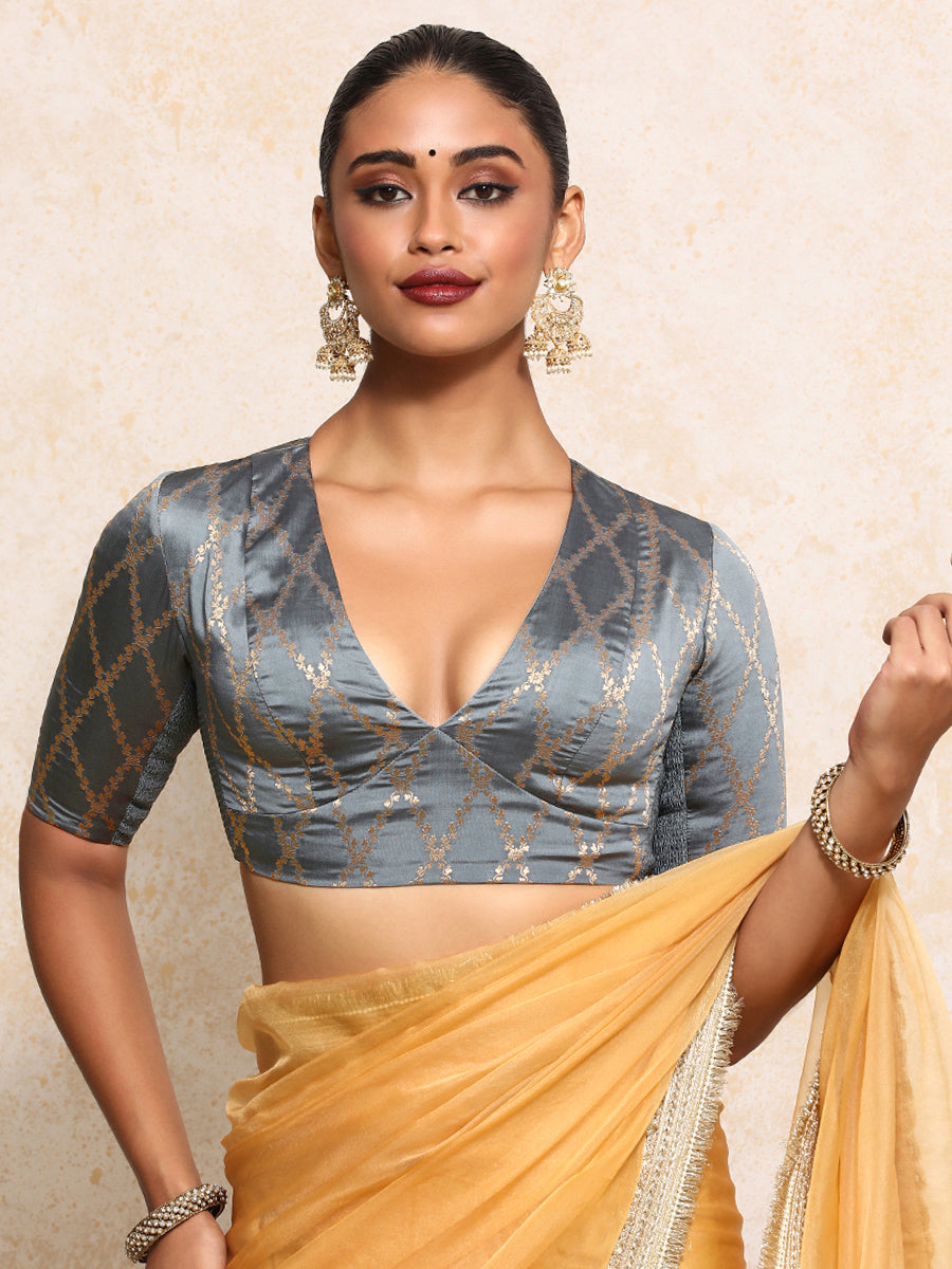 Rubani x Tyohaar Saree Blouse, in Grey Viscose Silk Brocade, featuring elbow sleeves and v-neckline.