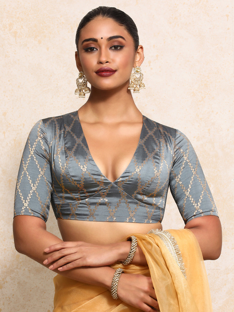 Rubani x Tyohaar | Elbow Sleeves Saree Blouse in Gilded Grey Vine Mesh Brocade-Binks