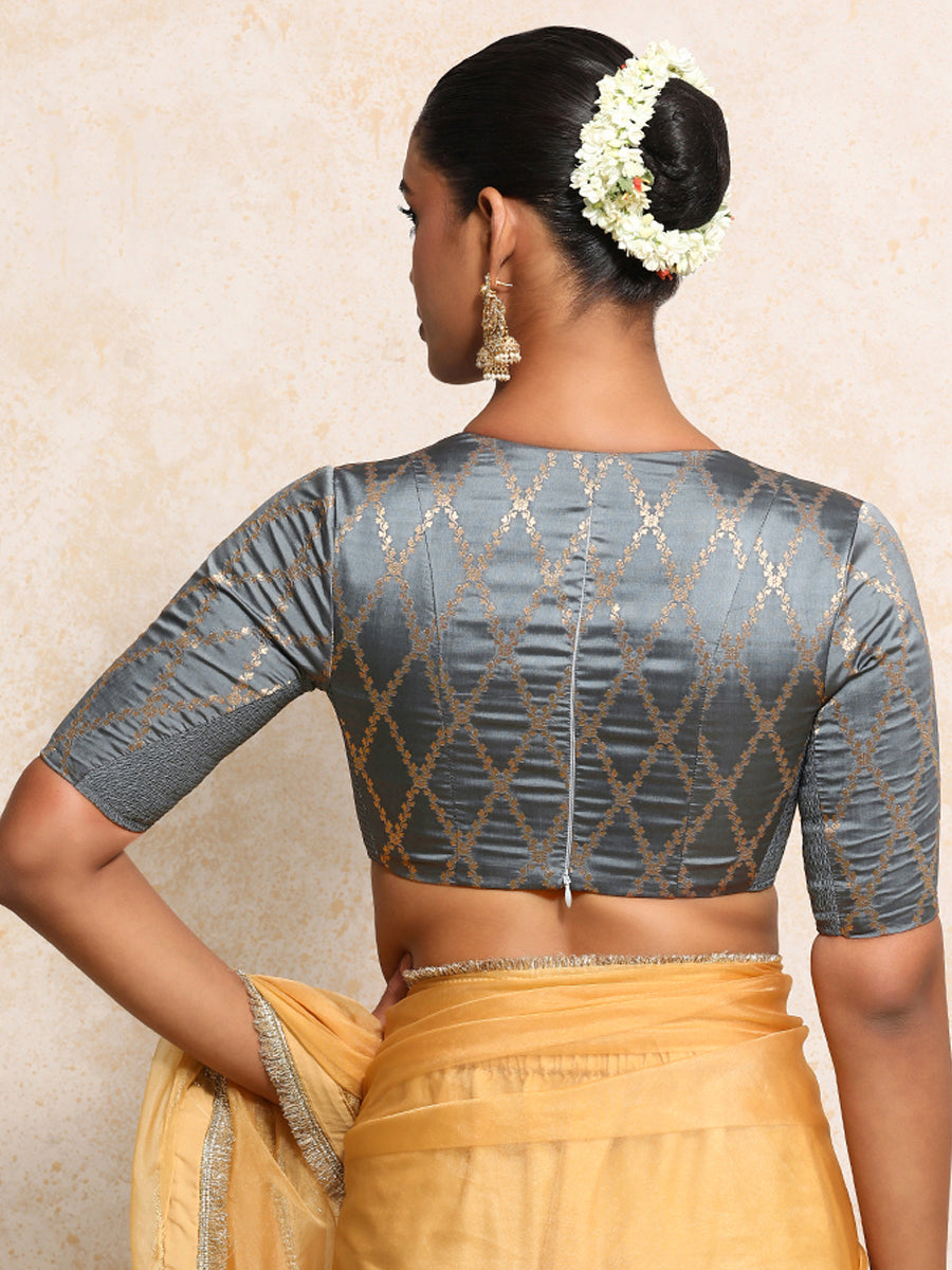 Rubani x Tyohaar Saree Blouse, in Grey Viscose Silk Brocade, featuring elbow sleeves and v-neckline (view 2).