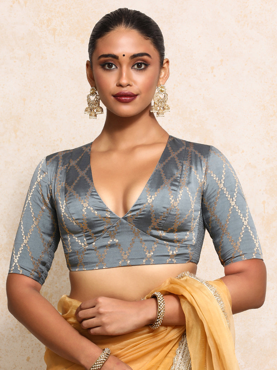 Rubani x Tyohaar Saree Blouse, in Grey Viscose Silk Brocade, featuring elbow sleeves and v-neckline (view 5).
