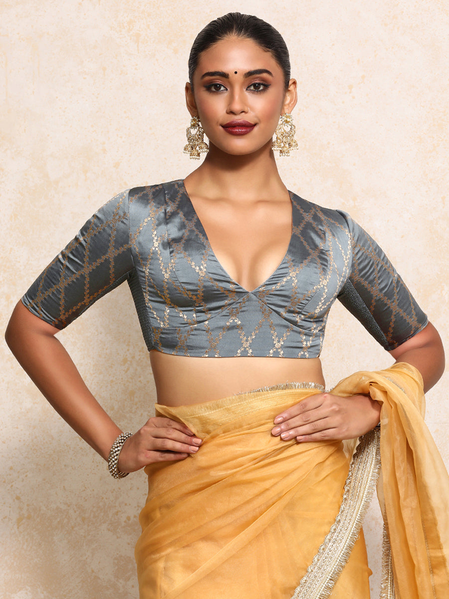 Rubani x Tyohaar Saree Blouse, in Grey Viscose Silk Brocade, featuring elbow sleeves and v-neckline (view 6).