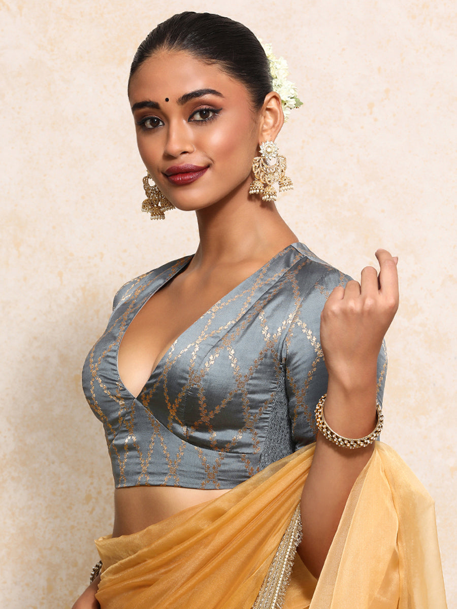 Rubani x Tyohaar Saree Blouse, in Grey Viscose Silk Brocade, featuring elbow sleeves and v-neckline (view 8).