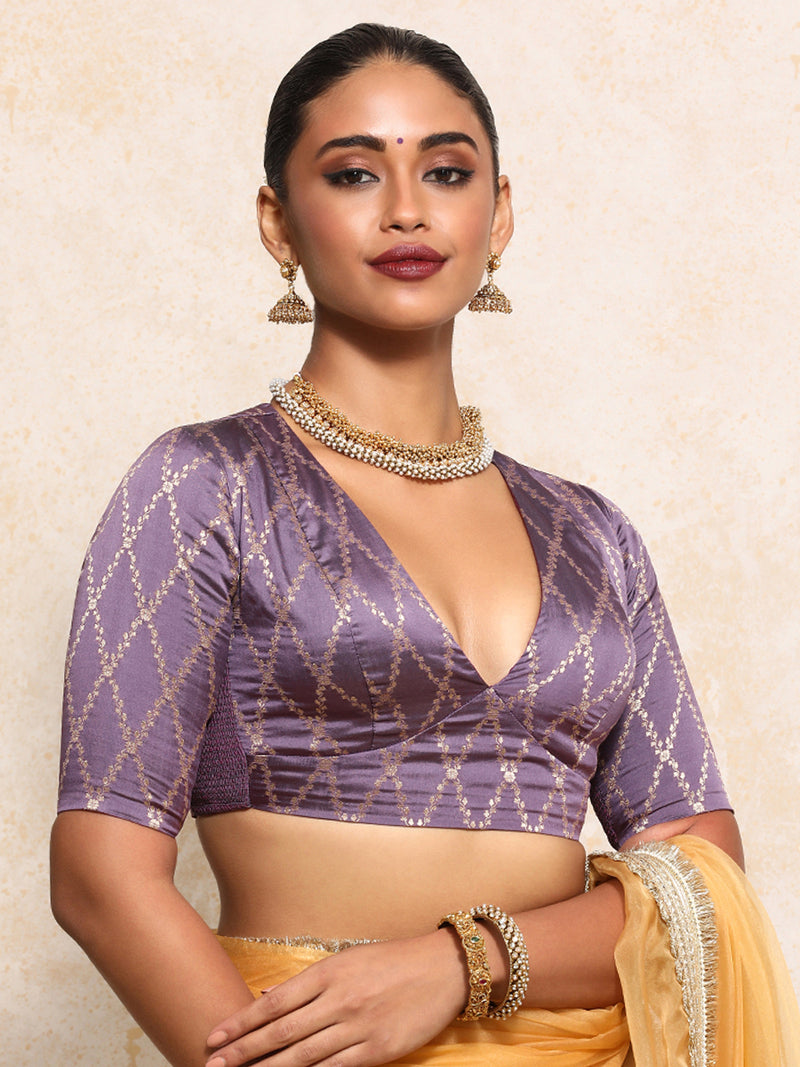 Rubani x Tyohaar | Elbow Sleeves Saree Blouse in Moonlit Lavender Vine Mesh Brocade-Binks