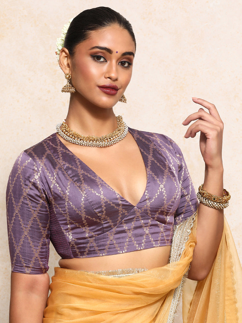 Rubani x Tyohaar | Elbow Sleeves Saree Blouse in Moonlit Lavender Vine Mesh Brocade-Binks