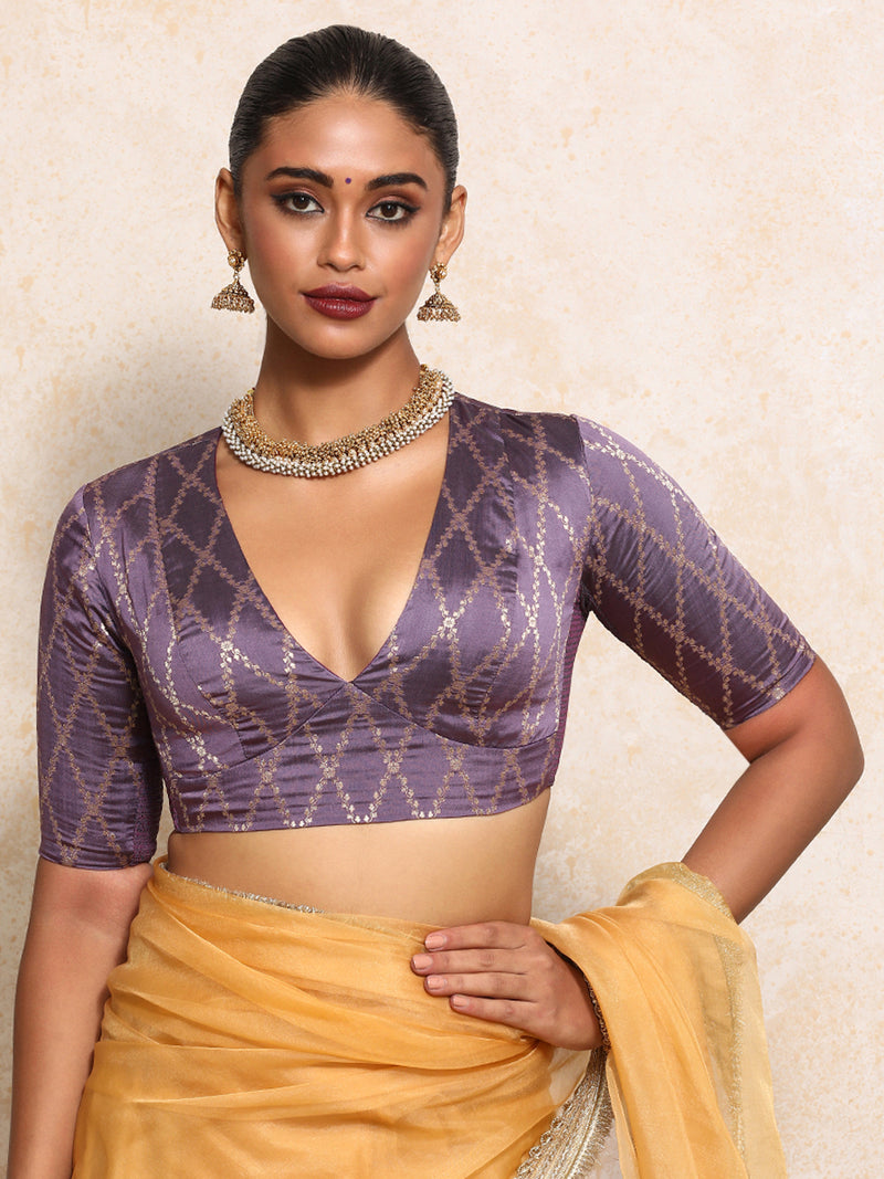 Rubani x Tyohaar | Elbow Sleeves Saree Blouse in Moonlit Lavender Vine Mesh Brocade-Binks