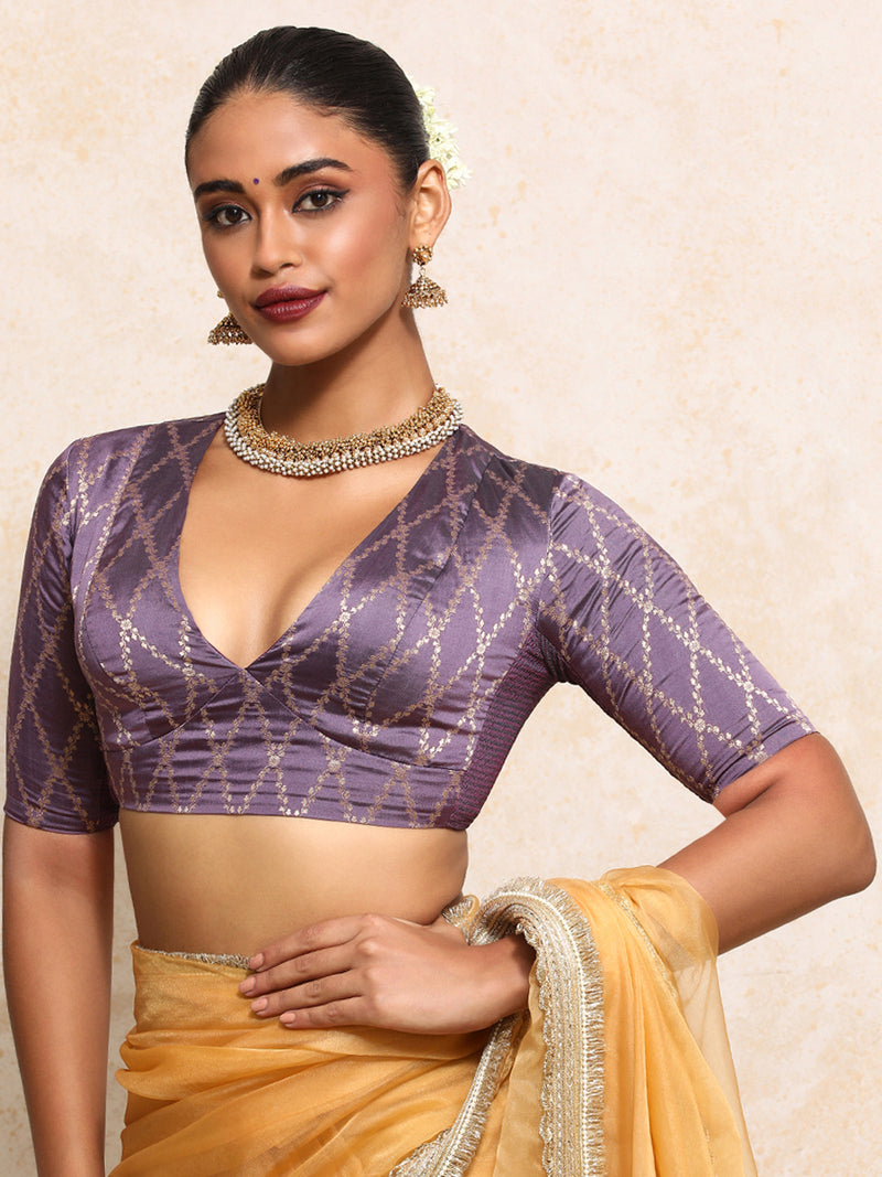 Rubani x Tyohaar | Elbow Sleeves Saree Blouse in Moonlit Lavender Vine Mesh Brocade-Binks