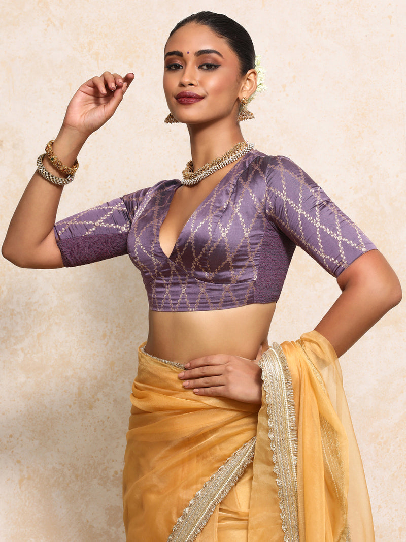 Rubani x Tyohaar | Elbow Sleeves Saree Blouse in Moonlit Lavender Vine Mesh Brocade-Binks