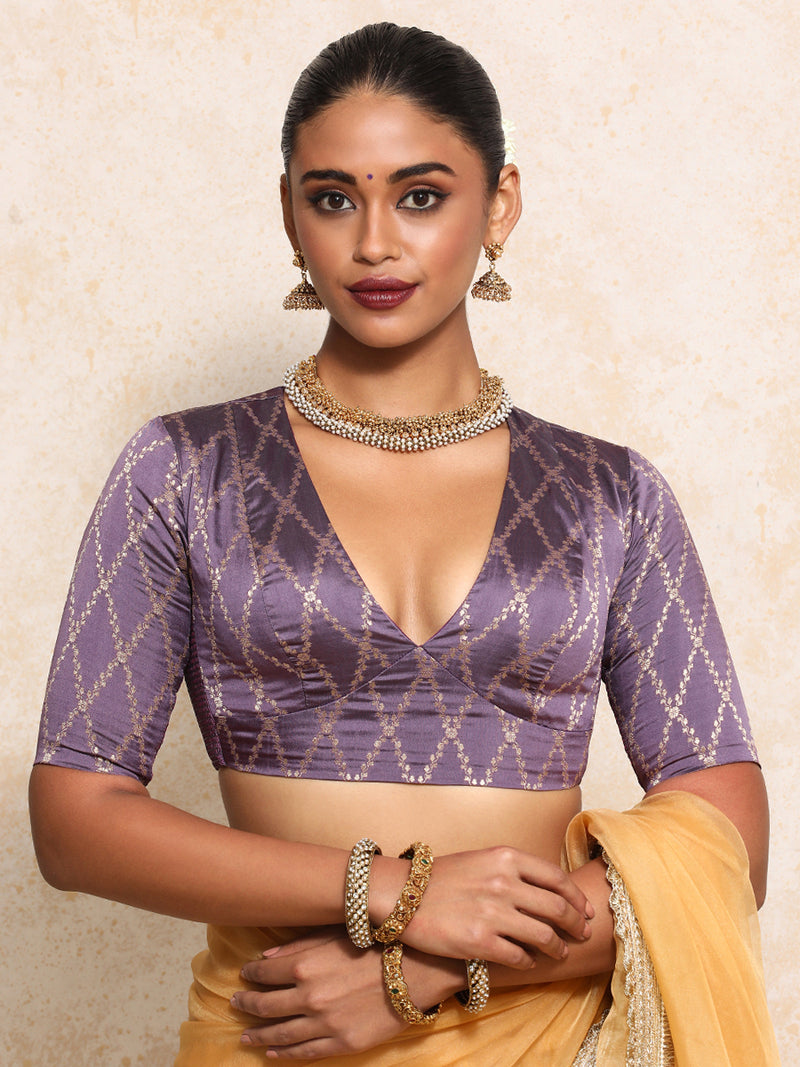 Rubani x Tyohaar | Elbow Sleeves Saree Blouse in Moonlit Lavender Vine Mesh Brocade-Binks