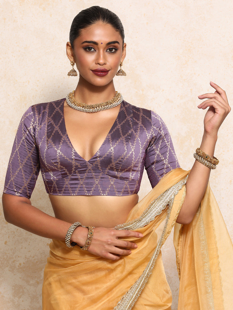 Rubani x Tyohaar | Elbow Sleeves Saree Blouse in Moonlit Lavender Vine Mesh Brocade-Binks