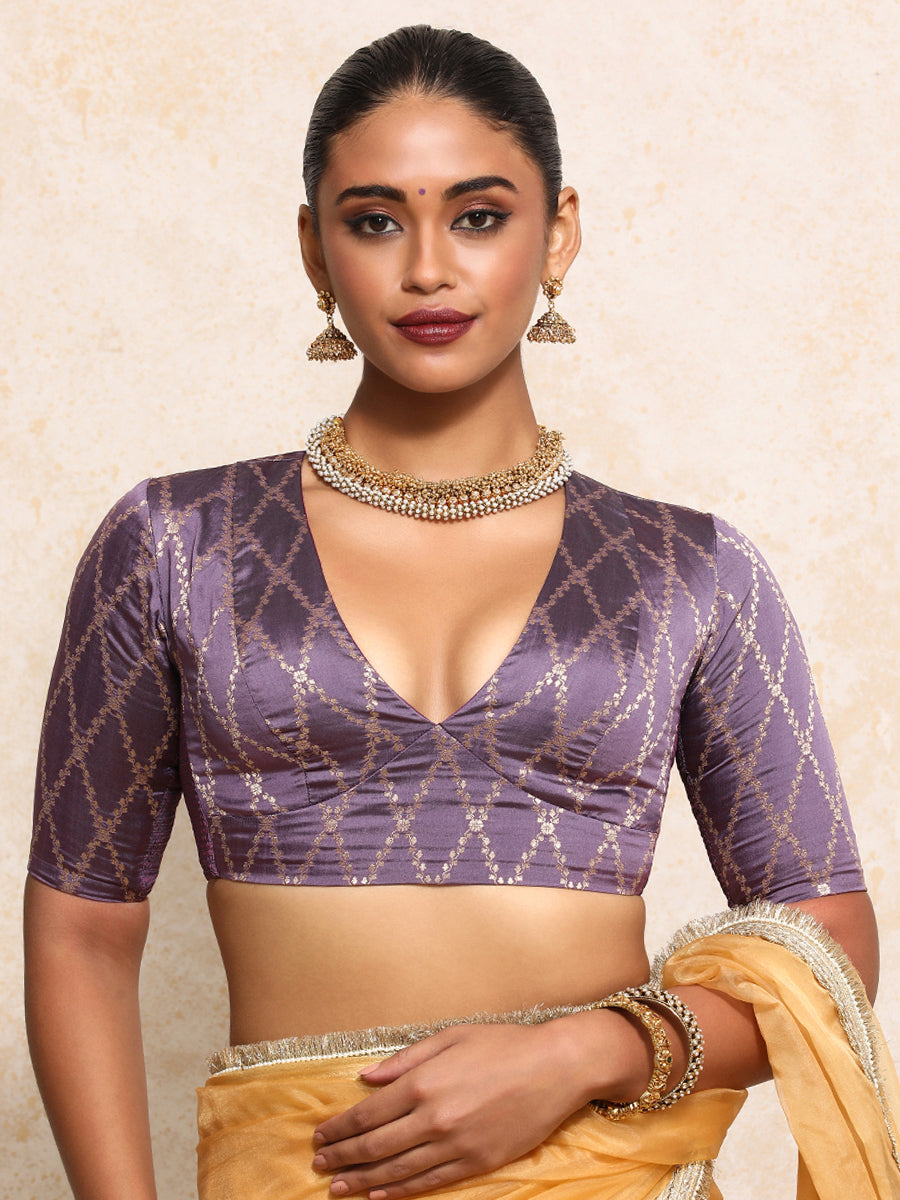 Rubani x Tyohaar Saree Blouse, in Purple Viscose Silk Brocade, featuring elbow sleeves and v-neckline (view 5).