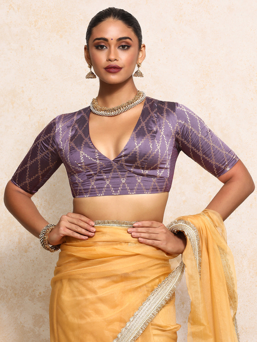 Rubani x Tyohaar Saree Blouse, in Purple Viscose Silk Brocade, featuring elbow sleeves and v-neckline (view 7).