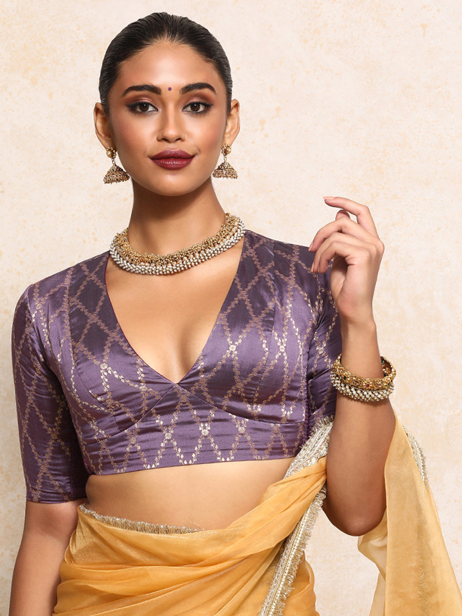 Rubani x Tyohaar Saree Blouse, in Purple Viscose Silk Brocade, featuring elbow sleeves and v-neckline (view 8).