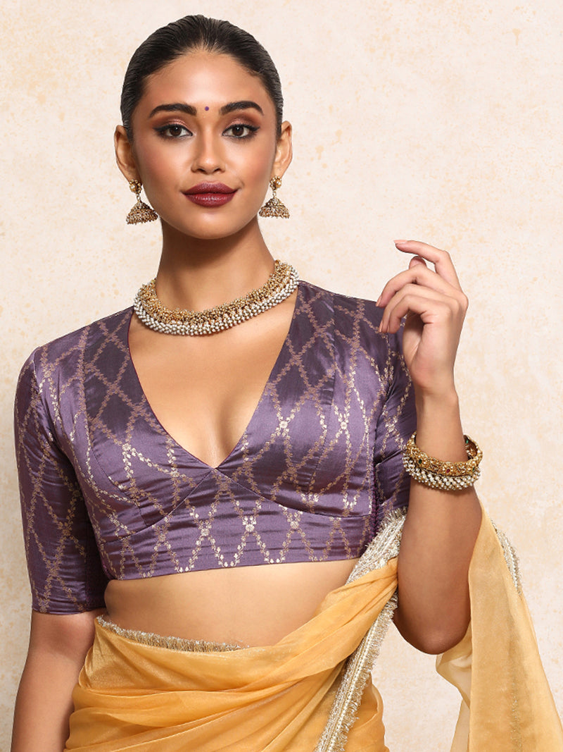 Rubani x Tyohaar | Elbow Sleeves Saree Blouse in Moonlit Lavender Vine Mesh Brocade-Binks
