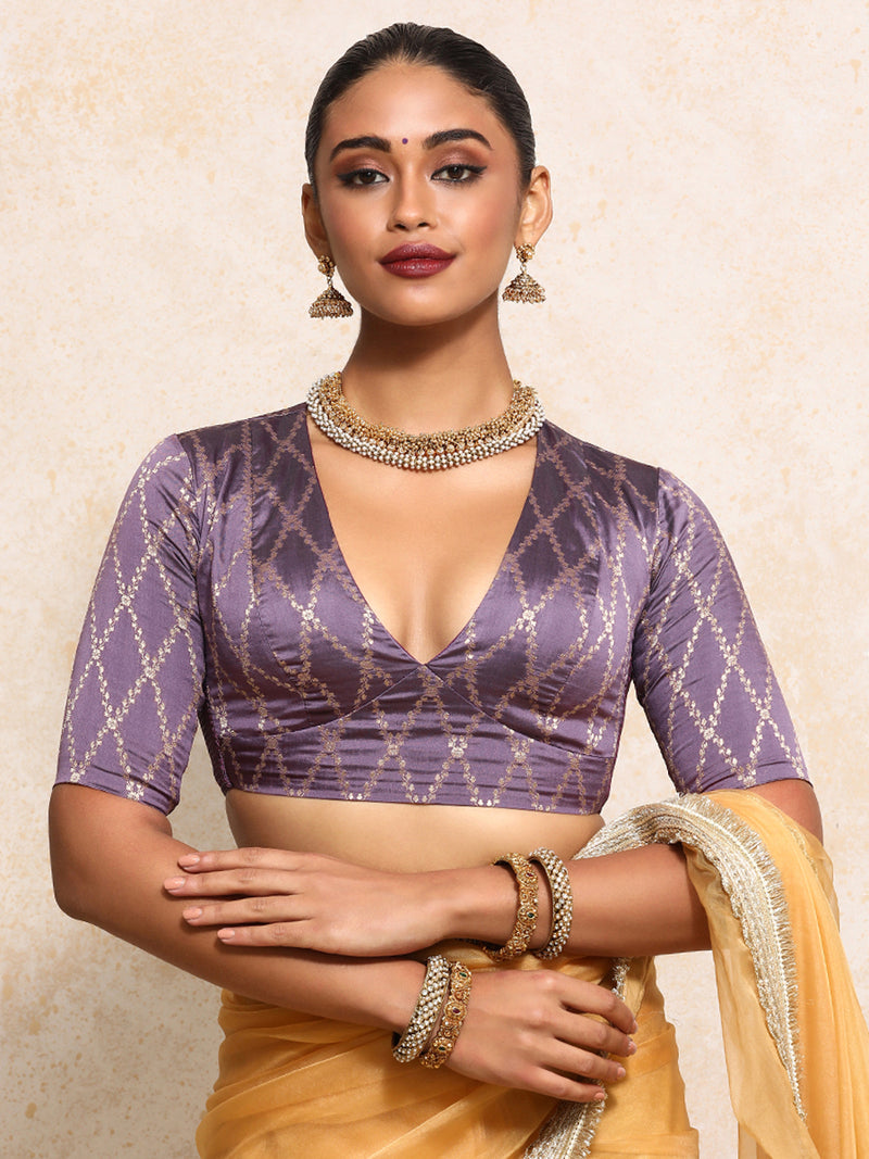 Rubani x Tyohaar | Elbow Sleeves Saree Blouse in Moonlit Lavender Vine Mesh Brocade-Binks