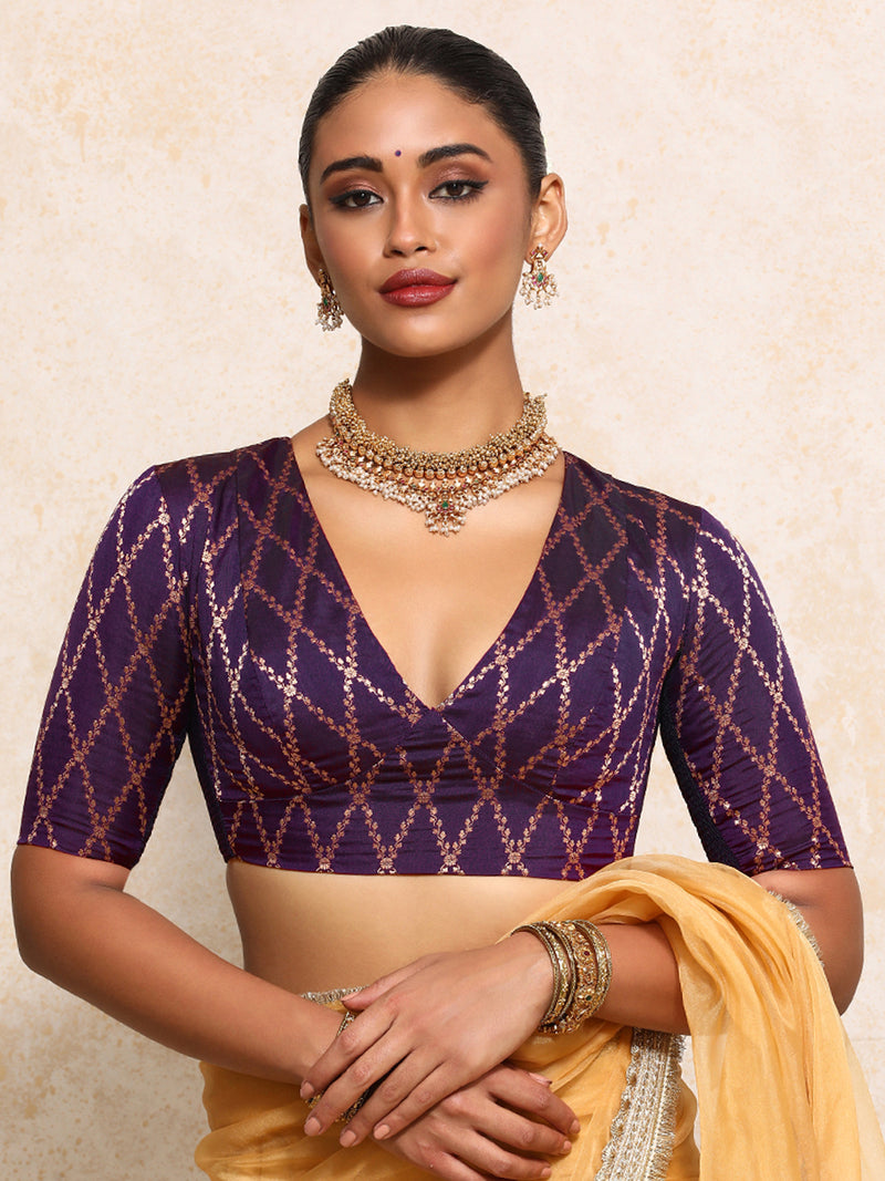 Rubani x Tyohaar | Elbow Sleeves Saree Blouse in Orchid Plum Vine Mesh Brocade-Binks