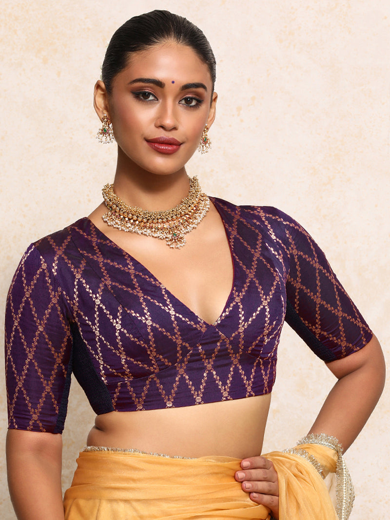 Rubani x Tyohaar | Elbow Sleeves Saree Blouse in Orchid Plum Vine Mesh Brocade-Binks