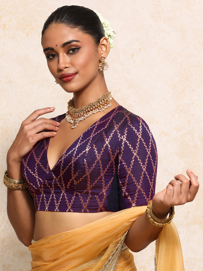 Rubani x Tyohaar | Elbow Sleeves Saree Blouse in Orchid Plum Vine Mesh Brocade-Binks