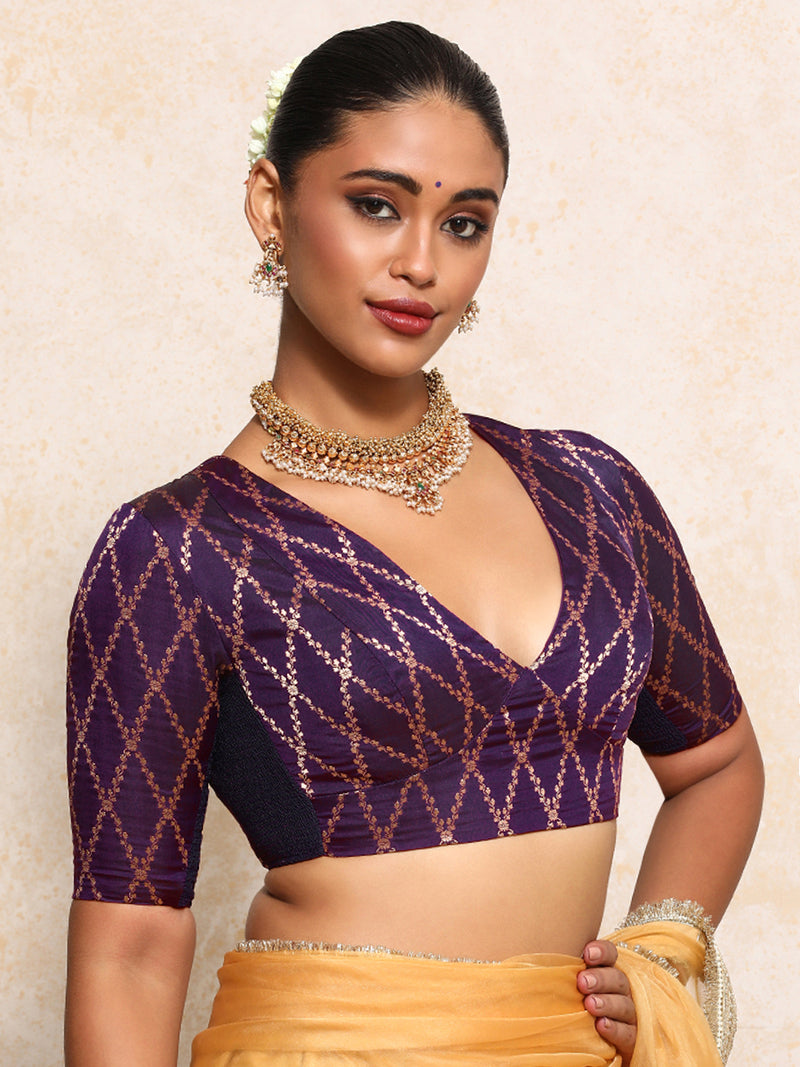 Rubani x Tyohaar | Elbow Sleeves Saree Blouse in Orchid Plum Vine Mesh Brocade-Binks