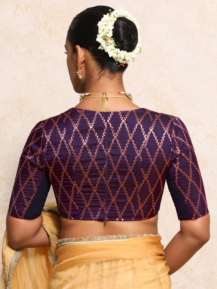 Rubani x Tyohaar Saree Blouse, in Purple Viscose Silk Brocade, featuring elbow sleeves and v-neckline (view 2).