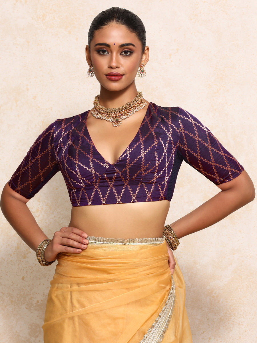 Rubani x Tyohaar Saree Blouse, in Purple Viscose Silk Brocade, featuring elbow sleeves and v-neckline (view 6).