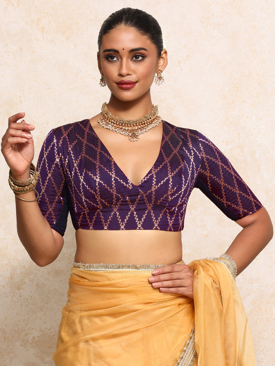 Rubani x Tyohaar Saree Blouse, in Purple Viscose Silk Brocade, featuring elbow sleeves and v-neckline (view 7).