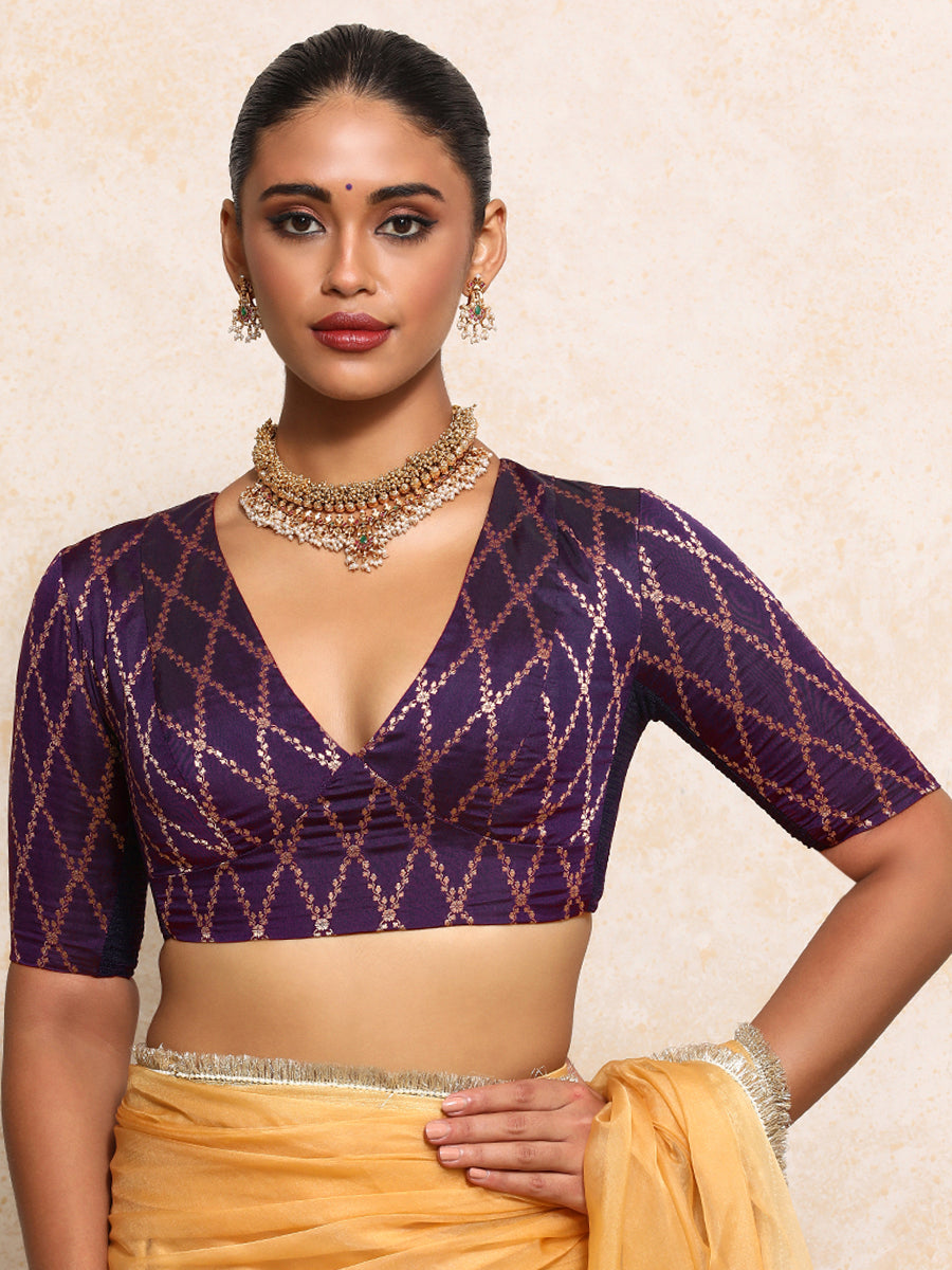 Rubani x Tyohaar Saree Blouse, in Purple Viscose Silk Brocade, featuring elbow sleeves and v-neckline (view 8).