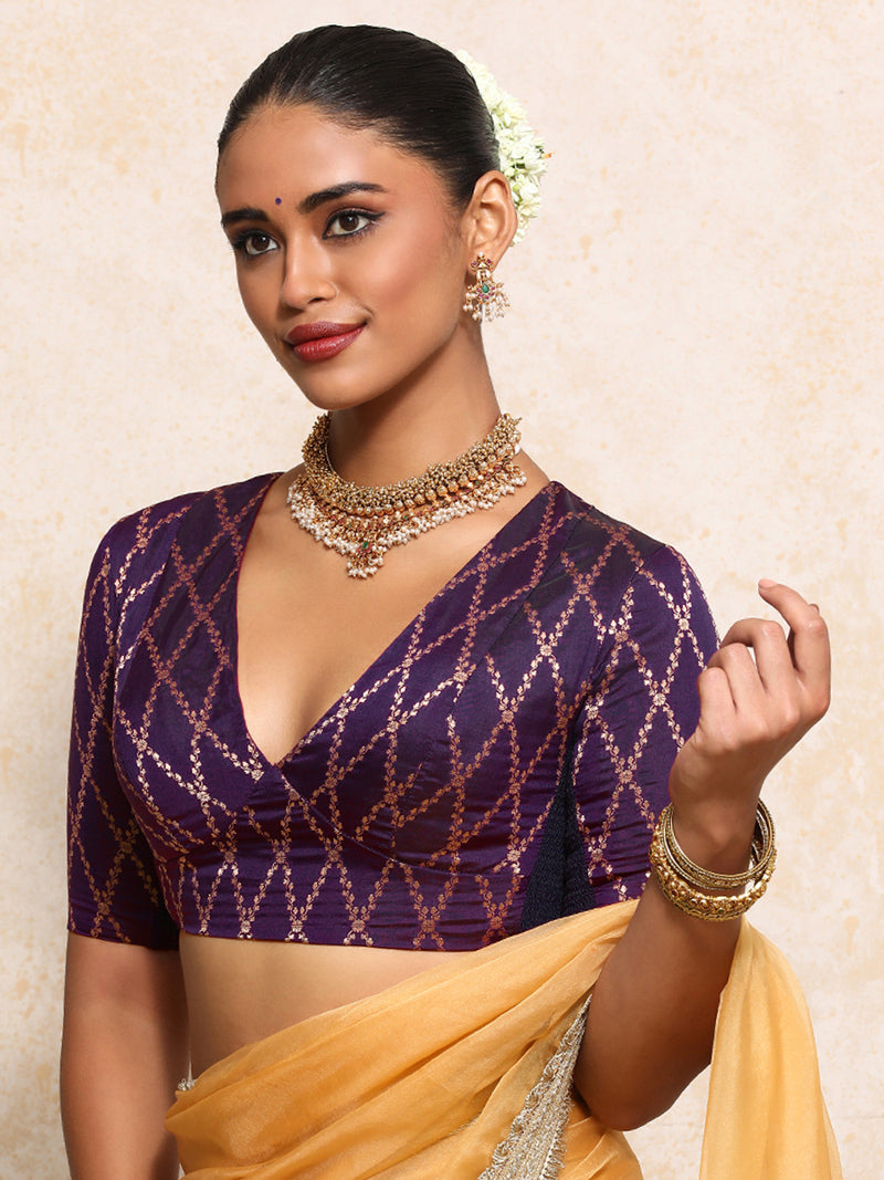 Rubani x Tyohaar | Elbow Sleeves Saree Blouse in Orchid Plum Vine Mesh Brocade-Binks