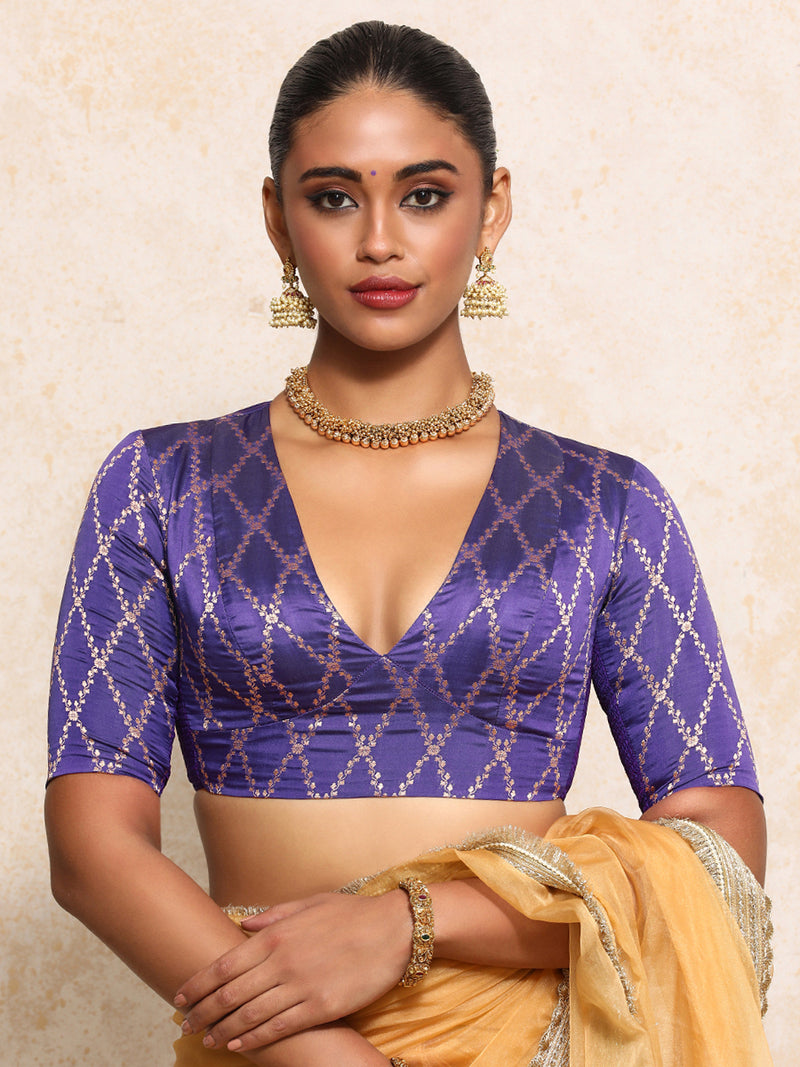 Rubani x Tyohaar | Elbow Sleeves Saree Blouse in Regal Purple Vine Mesh Brocade-Binks